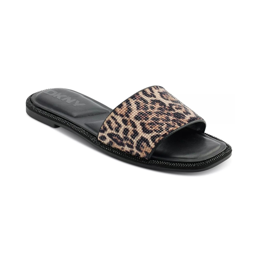 DKNY Womens Badin Leopard Print Rhinestone Slide Flat Sandals Brown Black 7.5